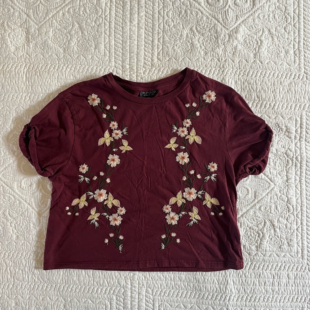 Topshop Burgundy Floral Short Sleeve Tee